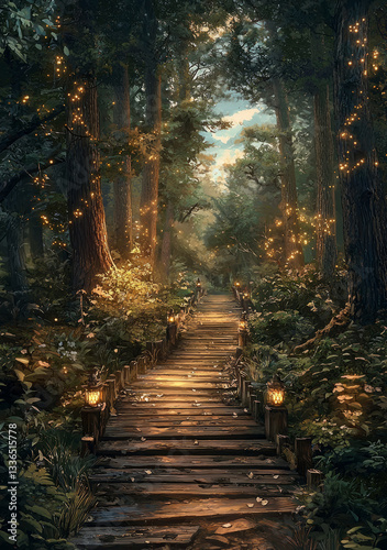 Obraz na płótnie wooden footbridge along a pine tree-lined path, leading into a magical forest setting w salonie