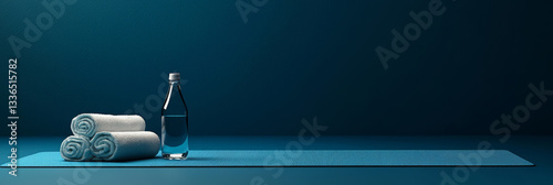 Obraz na płótnie Yoga mat with water bottle and towel, minimalist fitness background w salonie