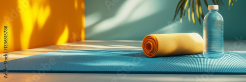 Obraz na płótnie Yoga mat with water bottle and towel, minimalist fitness background w salonie