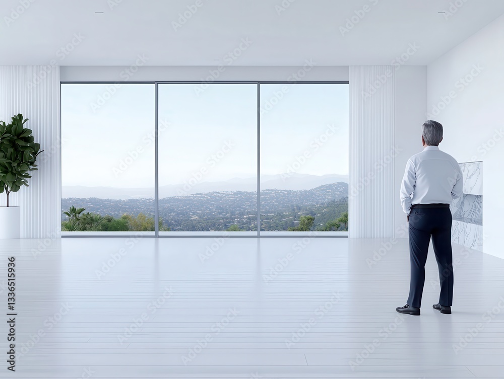 Fototapeta premium Man gazing out of a modern room with a scenic mountain view in the background