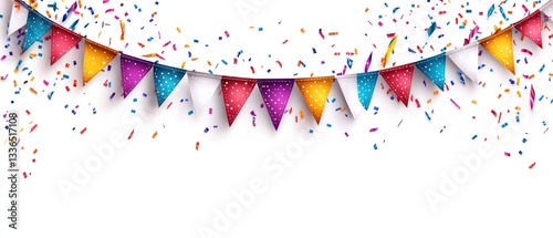 Colorful pennant flags with confetti floating on a white background