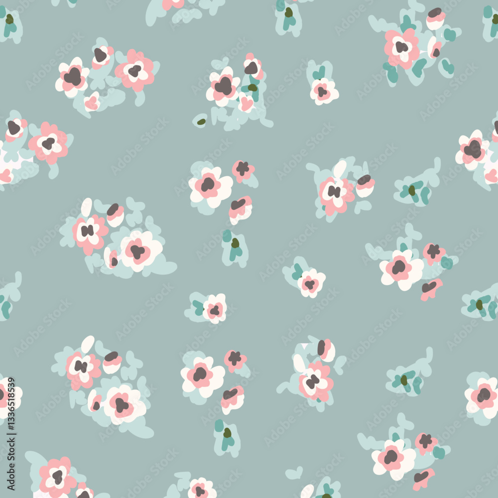 Obraz premium Floral seamless pattern. Brush strokes forming stylized blooming meadow daisy flowers and leaves on colorful painted round and oval shapes background. Simple geometric texture. Nature motif. 