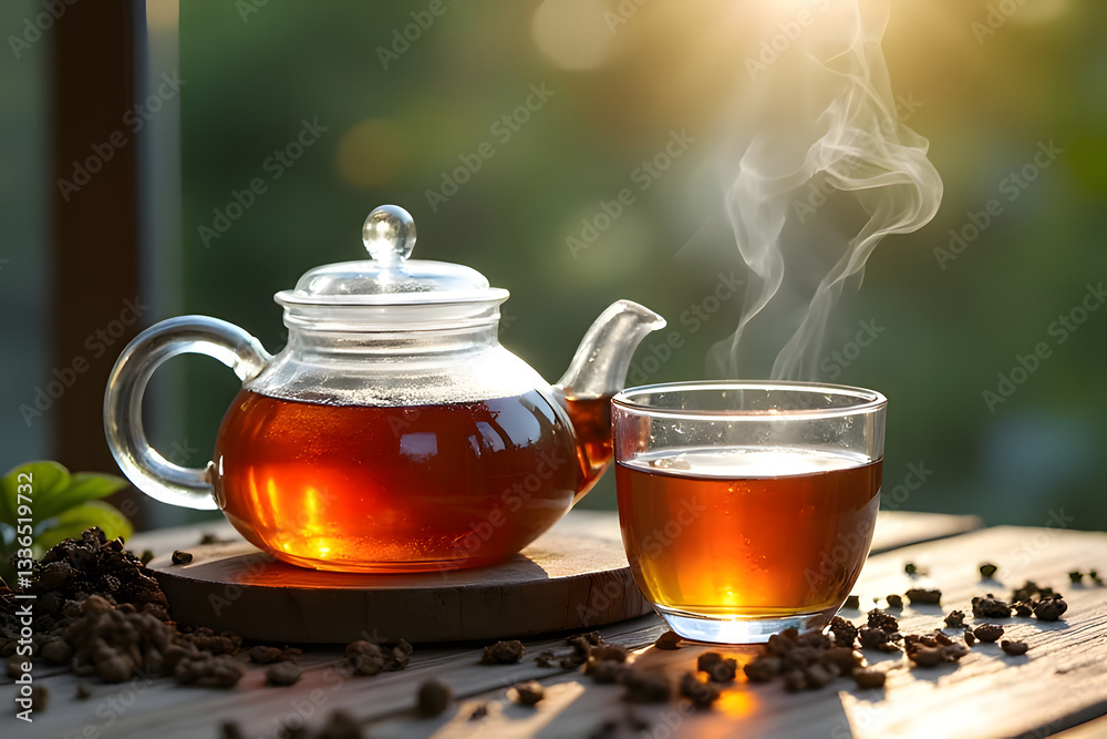 A glass teapot with heat and smoke, with a green garden in the background A glass teapot with heat and smoke, with a green garden in the background