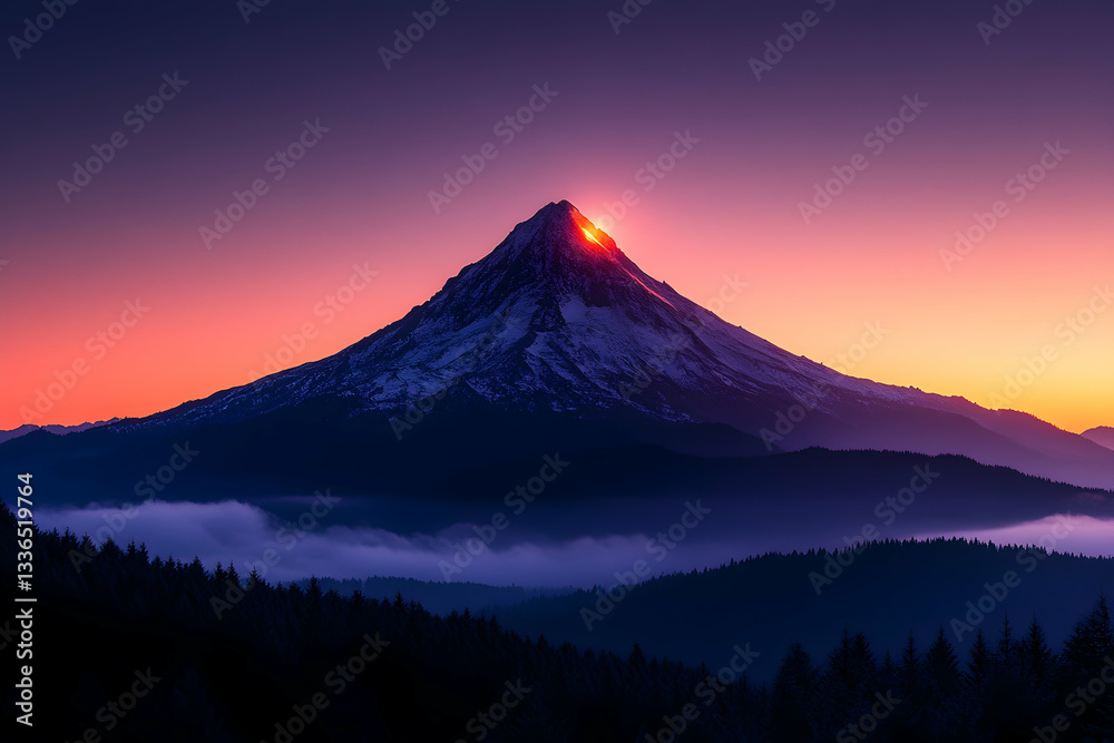 Majestic mountain peak at sunrise, bathed in vibrant hues of pink and purple, with a low-lying cloud layer covering the foothills and forests below Majestic mountain peak at sunrise, bathed in vibrant hues of pink and purple, with a low-lying cloud layer covering the foothills and forests below