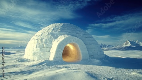 Illuminated igloo on snowy landscape under blue sky.