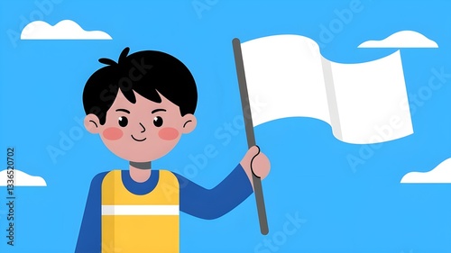Flat Illustration of a Cheerful Boy with Black Hair, Wearing a Blue Shirt and Yellow Vest, Holding a White Flag Against a Bright Blue Sky with Soft White Clouds, Perfectly Capturing the Playful Spirit