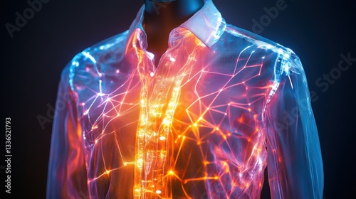 Futuristic smart shirt with integrated glowing nanotechnology on dark backdrop