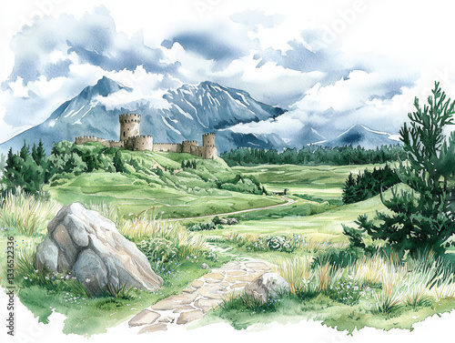 Rugged green landscapes of Scottish Highlands with ancient castle and mountains