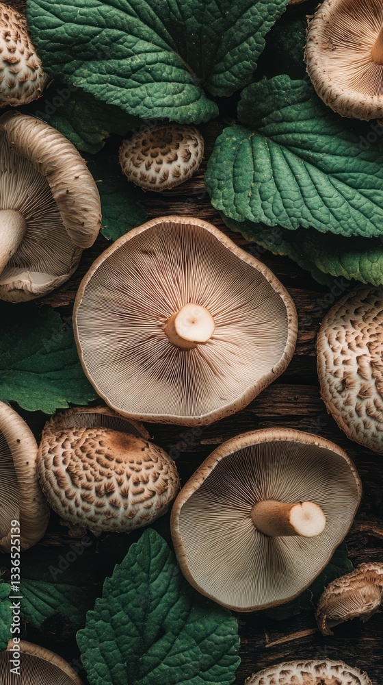 Close up overhead view of mushrooms and green leaves Close up overhead view of mushrooms and green leaves