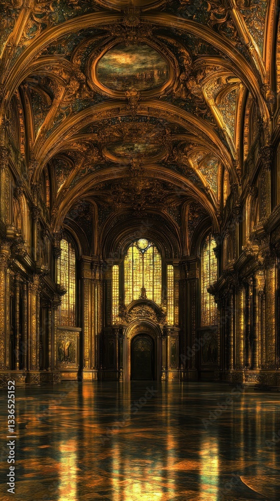 Fototapeta premium A grand ornately designed interior with rich gold and dark details