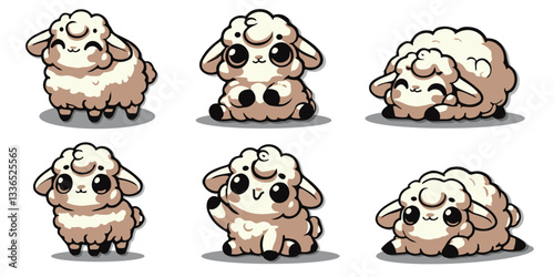 A set of cute cartoon sheep in various poses with a kawaii art style. Perfect for stickers, prints, kids' designs, farm-themed illustrations, and merchandise.