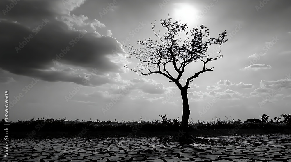 Obraz premium Lonely tree on cracked earth under a dramatic sky
