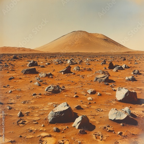 Exploring the barren landscape of Mars revealing the Martian surface of the red planet with rocky formations and distant hills