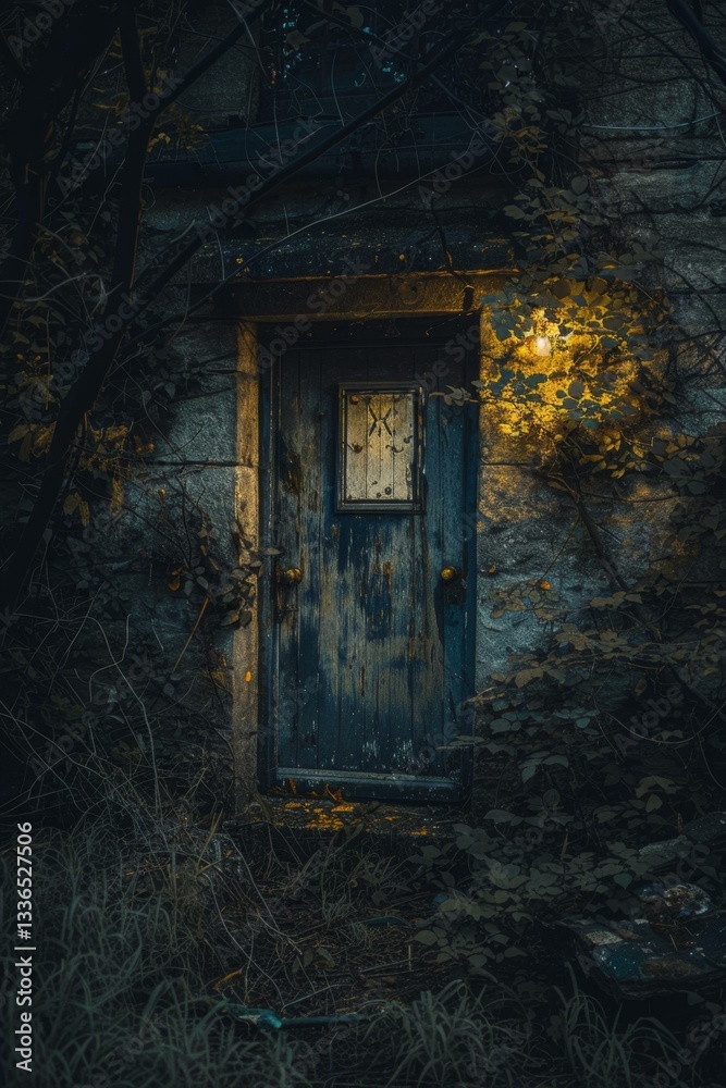 Ancient Doorway Enshrouded in Shadows Awaits Exploration Amidst Overgrown Foliage at Dusk or Night Ancient Doorway Enshrouded in Shadows Awaits Exploration Amidst Overgrown Foliage at Dusk or Night