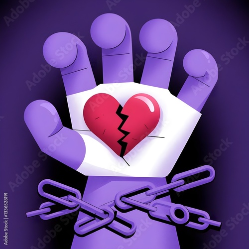 A powerful illustration of a large purple hand wearing a white glove holding a red heart with a visible crack, symbolizing emotional pain and resilience, surrounded by broken chains around the wrist,