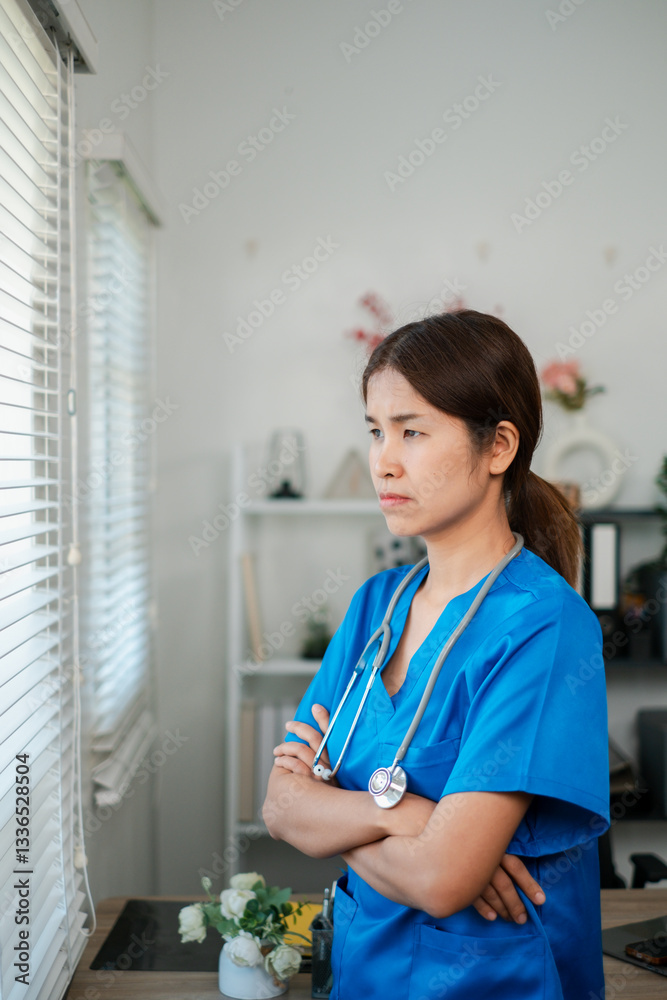 Thoughtful nurse in blue scrubs gazes out window, conveying contemplation and dedication in a healthcare environment. Thoughtful nurse in blue scrubs gazes out window, conveying contemplation and dedication in a healthcare environment.