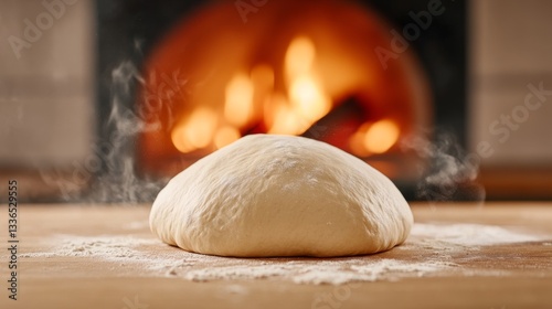 close up photograph of pizza dough on a wooden counter covered in flour, the fire from an open oven can be seen
