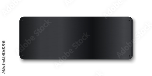 Realistic metal brushed black plate with rivets. Metallic texture plate with screws and shadow. Steel signboard. Stainless panel chrome tag. Rectangular horizontal sheet. Vector illustration