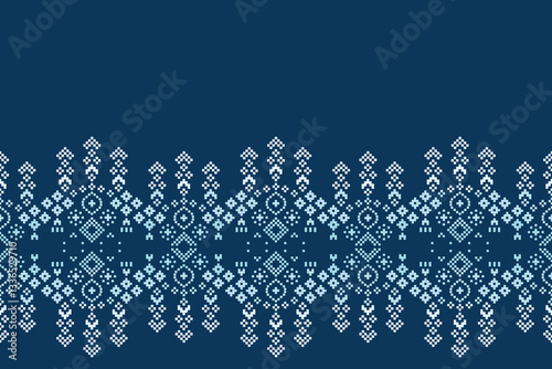 Ethnic pattern traditional motif ikat geometric fabric pattern cross stitch.Ikat embroidery Ethnic oriental Pixel blue background.Abstract,vector,illustration. Texture,decoration,wallpaper.