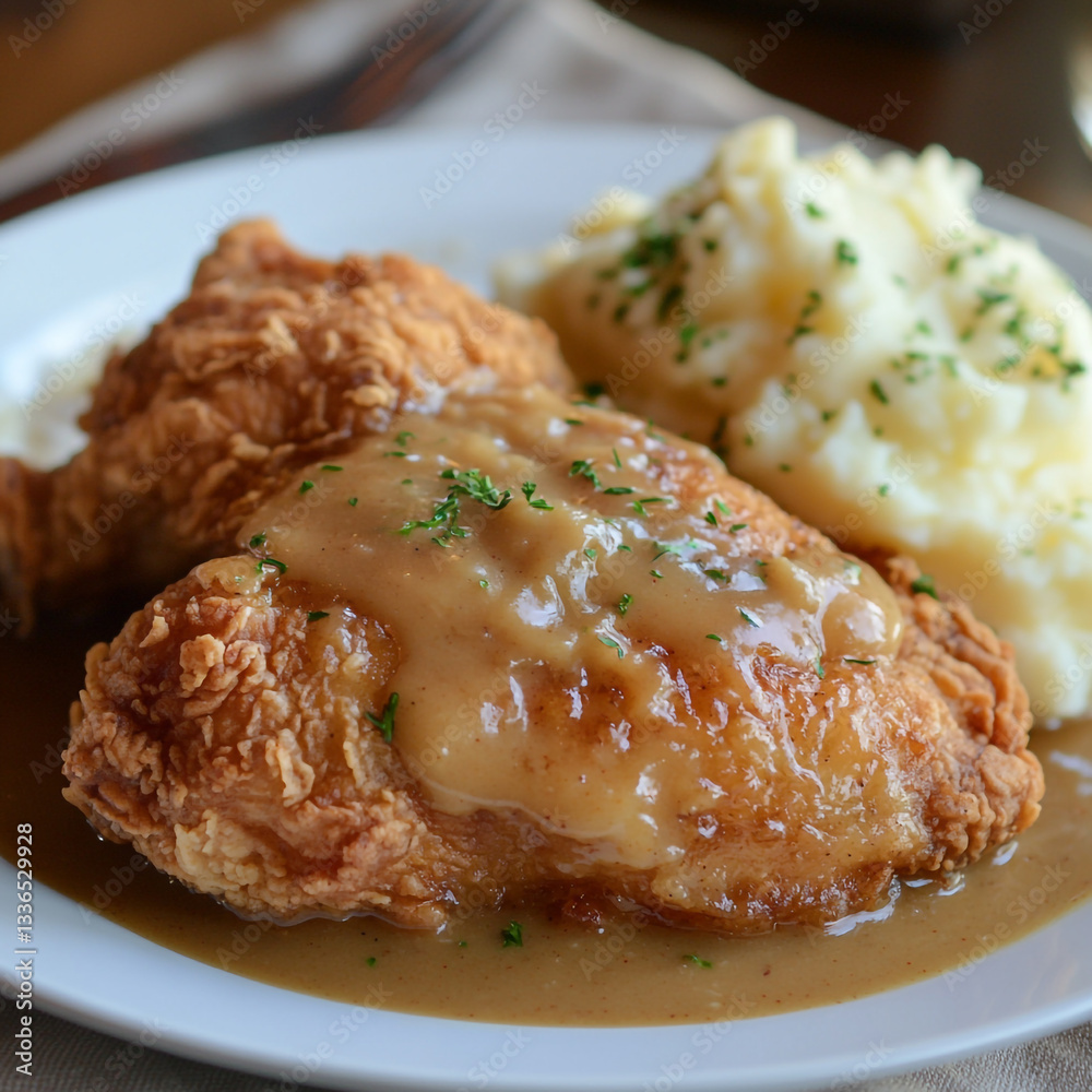 Delicious crispy fried chicken with creamy gravy and mashed potatoes eat food home meal meat fork