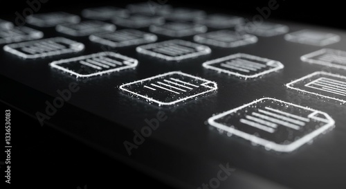 A grid of glowing, transparent digital document icons on a dark, futuristic interface.