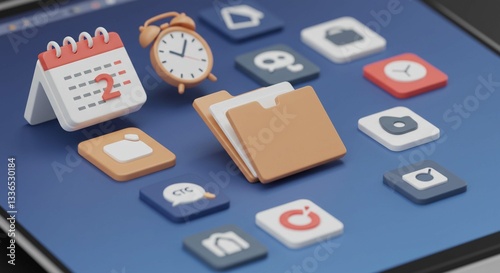 A digital workspace with 3D icons for a calendar, alarm clock, and file folder on a blue screen.