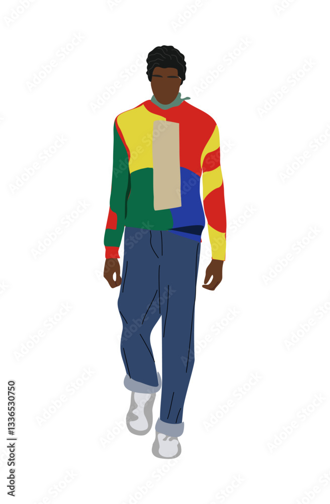 Stylish black man wearing modern Street fashion outfit walking. Handsome african american guy vector realistic illustration isolated on white background. Stylish black man wearing modern Street fashion outfit walking. Handsome african american guy vector realistic illustration isolated on white background.