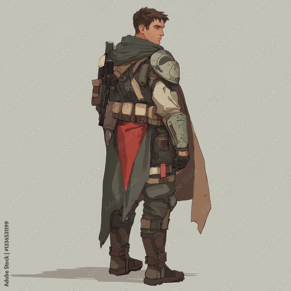 Obraz premium Sci Fi Warrior with Gun on Back Facing Away Wearing a Cape and Armor Amidst Grey Background
