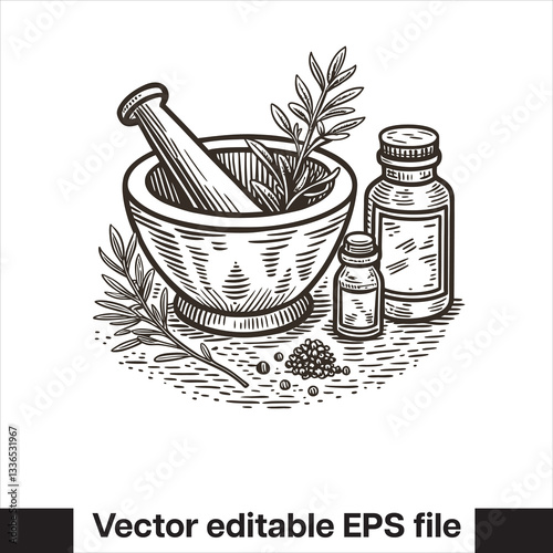 vintage hand drawn mortar apothecary vector. Side by side with coma

