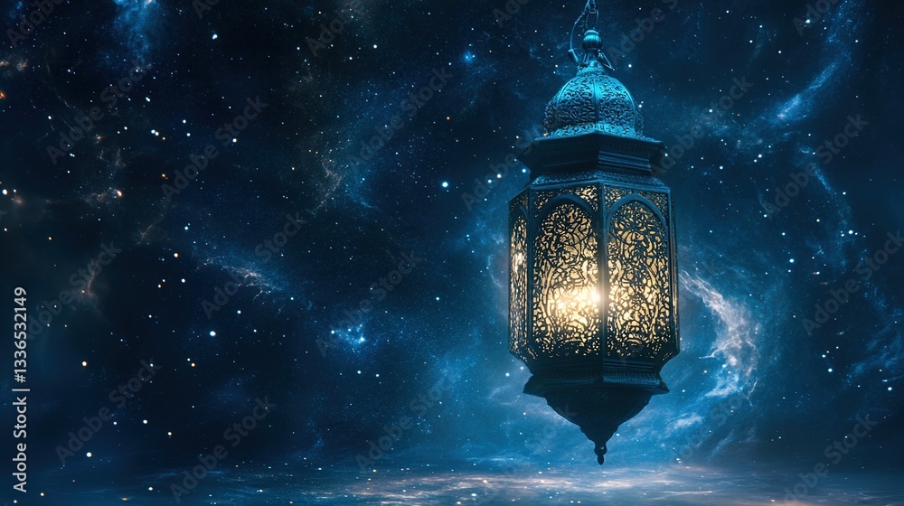 Fototapeta premium A lantern floating in space, surrounded by stars and nebulae, the background is a dark blue with light effects emanating from behind the lamp. 