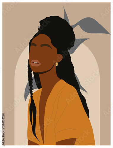 Abstract black woman contemporary poster, wall art design with beautiful African lady on neutral earthy colors background. Gorgeous girl with exotic hairstyle vector bohemian art.