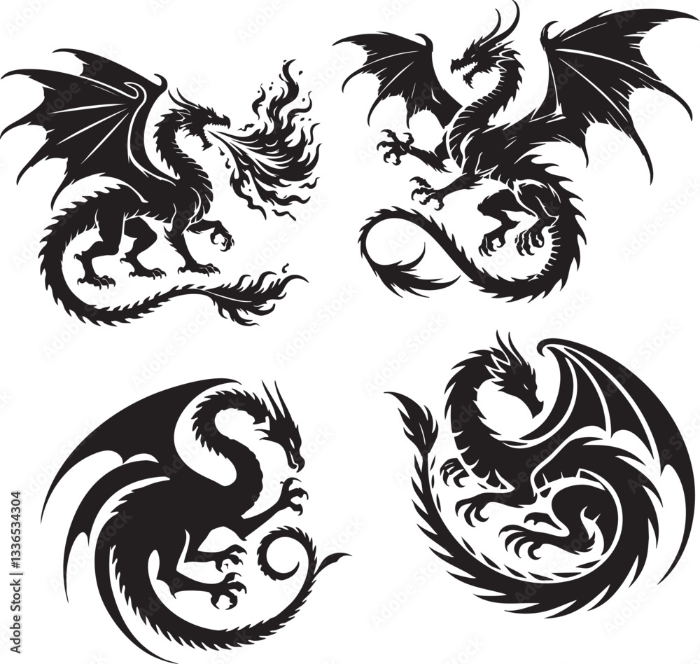A collection of fierce dragon silhouettes in various poses. Perfect for logos, tattoos, fantasy artwork, gaming designs, and medieval-themed projects.