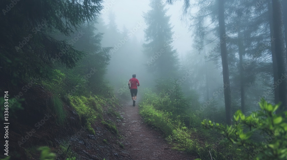 Trail runner disappearing into the misty depths of a silent coniferous forest Trail runner disappearing into the misty depths of a silent coniferous forest