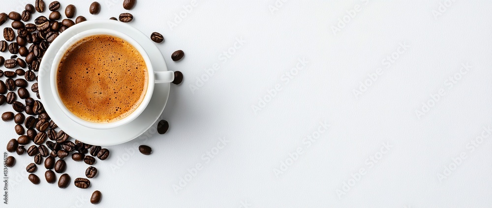Obraz premium Top view of espresso cup and coffee beans on white background. (1)