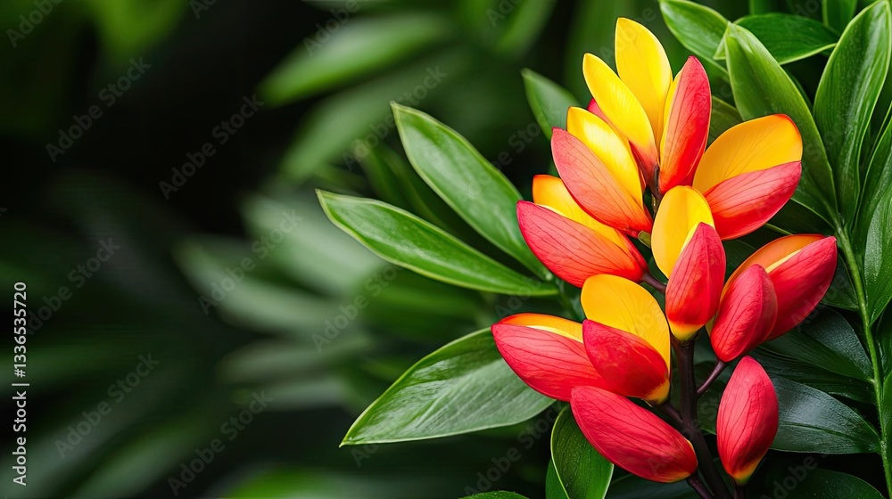 Obraz premium A vibrant cluster of red and yellow tropical flowers surrounded by lush green leaves, showcasing the beauty of nature in a close-up view.