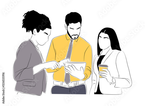 Business team members working together scene. Business men, women Meeting, brainstorming, discussing, taking part in business activities. Vector colored line art illustration on white background.