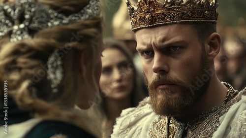  Cinematic still of King Henry I, with crown and beard, looking at his queen in the background. He is wearing royal robes and has blue eyes