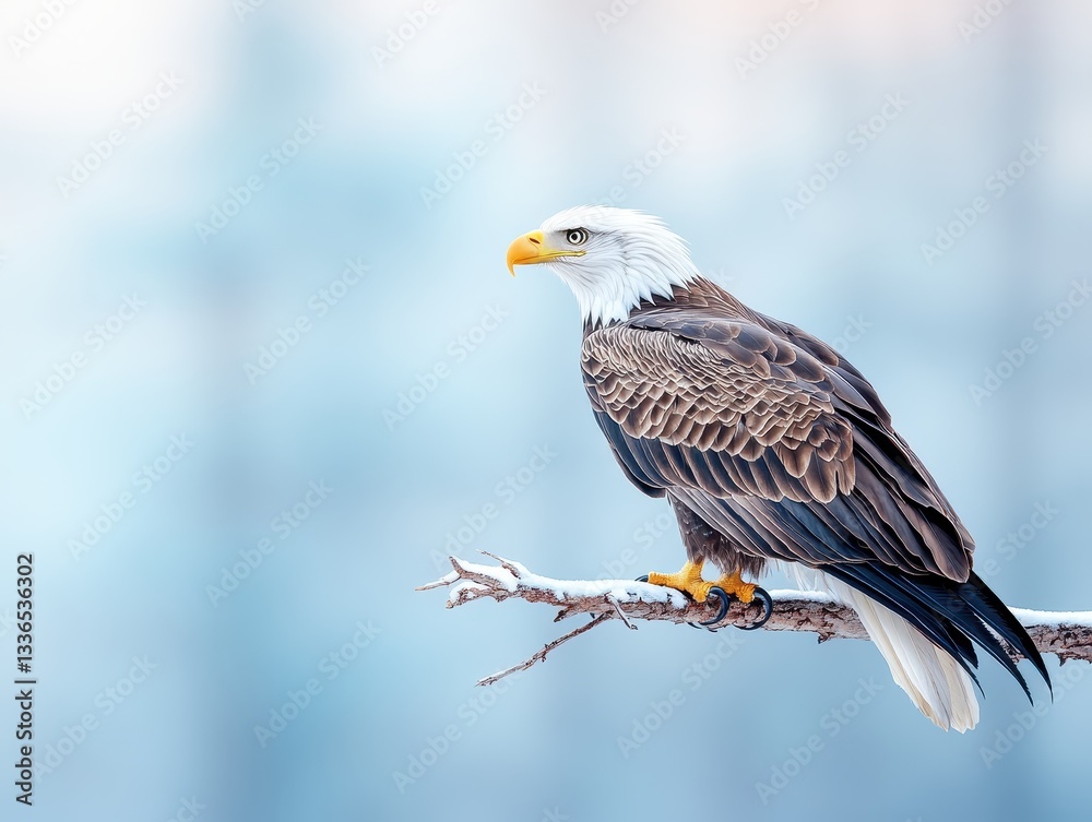 Obraz premium Majestic bald eagle perched on a snowy branch against a soft blurred background
