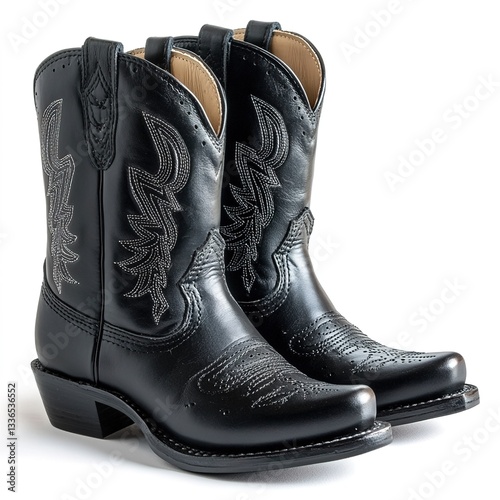 Eco-friendly kids' leather cowboy boots with western-inspired wingtip detailing, in black color, no background, product photography.