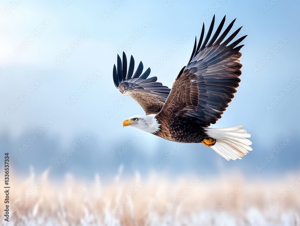 Obraz premium Majestic bald eagle soaring through a winter landscape with soft snow-covered ground