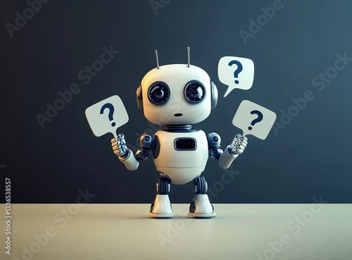A cute robot holding speech bubbles with question marks on them stands in front of an empty table
