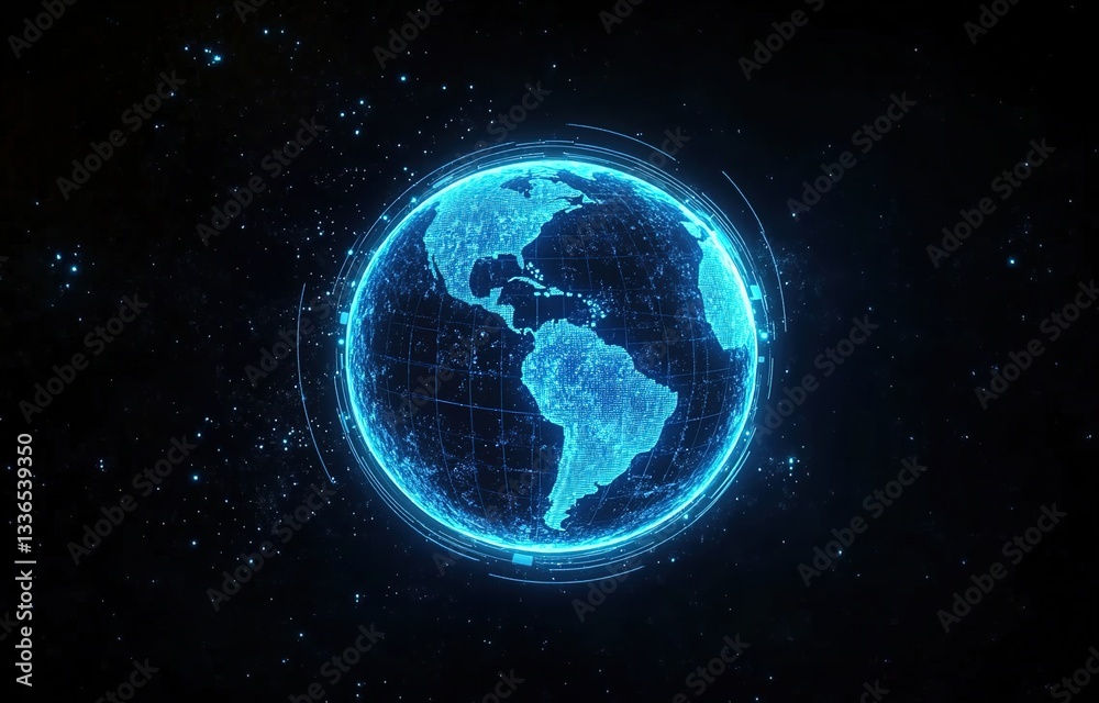 Fototapeta premium A glowing blue planet Earth with light lines and dots on a black background, a futuristic technology video animation background.
