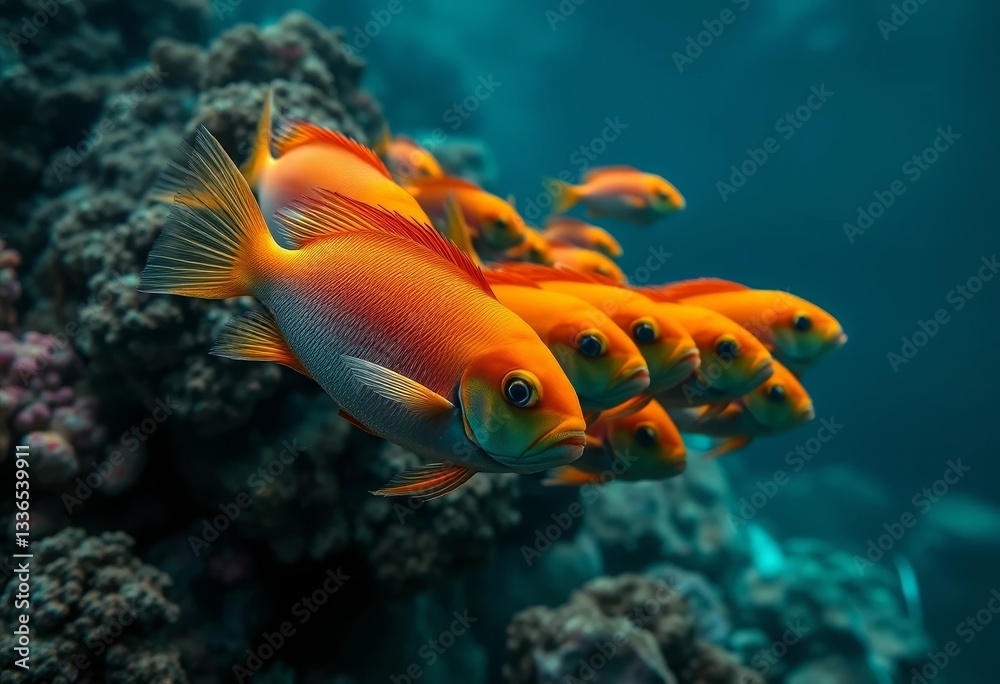 Fototapeta premium A school of vibrant orange fish gracefully swims near a coral reef in the deep ocean, their scales shimmering with a radiant glow, showcasing the beauty of underwater life.