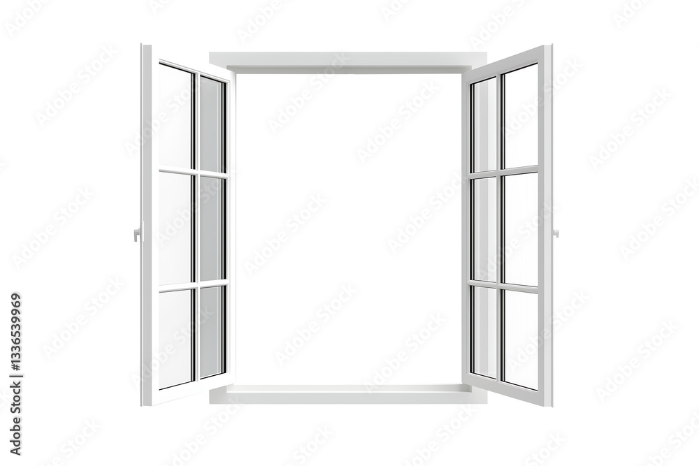 Open White Window Frame with Glass Panes Open White Window Frame with Glass Panes