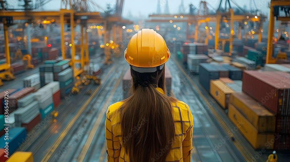 Female engineer overseeing container operations at a busy commercial shipping port ensuring efficient global logistics Female engineer overseeing container operations at a busy commercial shipping port ensuring efficient global logistics
