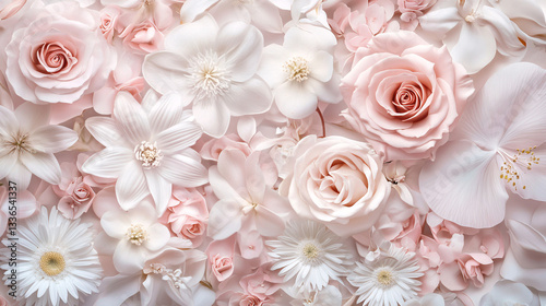 An elegant and calming floral wallpaper featuring a seamless arrangement of roses, lilies, daisies, and peonies in full bloom.