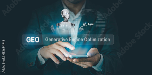 GEO generative engine optimization concept. Businessmen use agentic Ai, icons on websites to rank search engines, Search with assistants Artificial Intelligence data technology from internet network