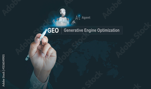 GEO generative engine optimization concept. Businessmen use agentic Ai, icons on websites to rank search engines, Search with assistants Artificial Intelligence data technology from internet network
