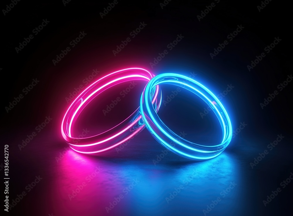 3D render, neon lights, and two wedding rings on a black background. Abstract minimalistic design with a glowing effect in blue and pink colors. 3D render, neon lights, and two wedding rings on a black background. Abstract minimalistic design with a glowing effect in blue and pink colors.