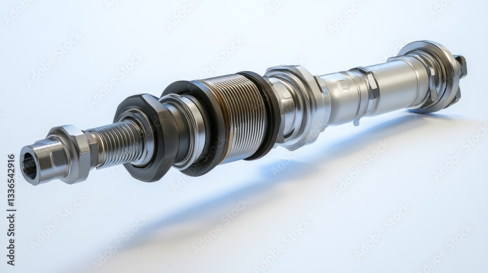 Close-up of disassembled metallic industrial component with nuts, bolts, and threaded parts on a light background. Close-up of disassembled metallic industrial component with nuts, bolts, and threaded parts on a light background.